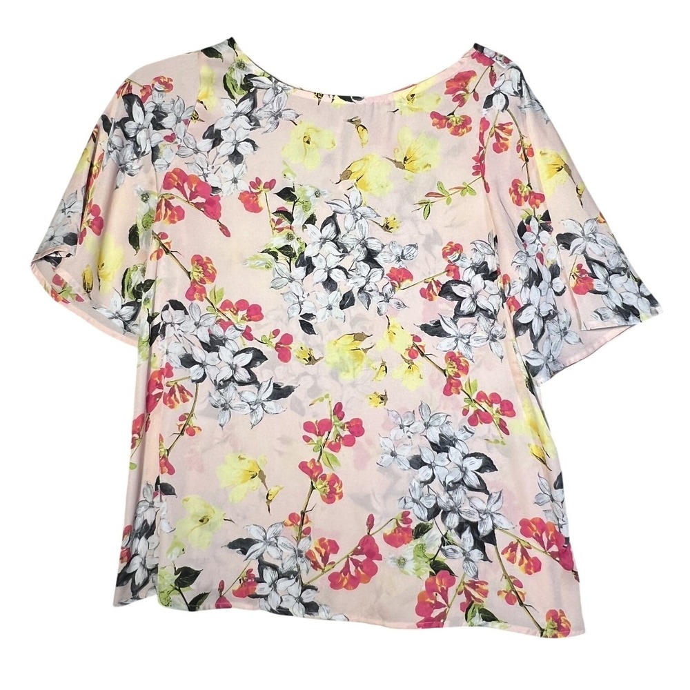 Liz Claiborne Petite PM Pink Floral Blouse Women's Short Flutter Sleeve‎ Top
